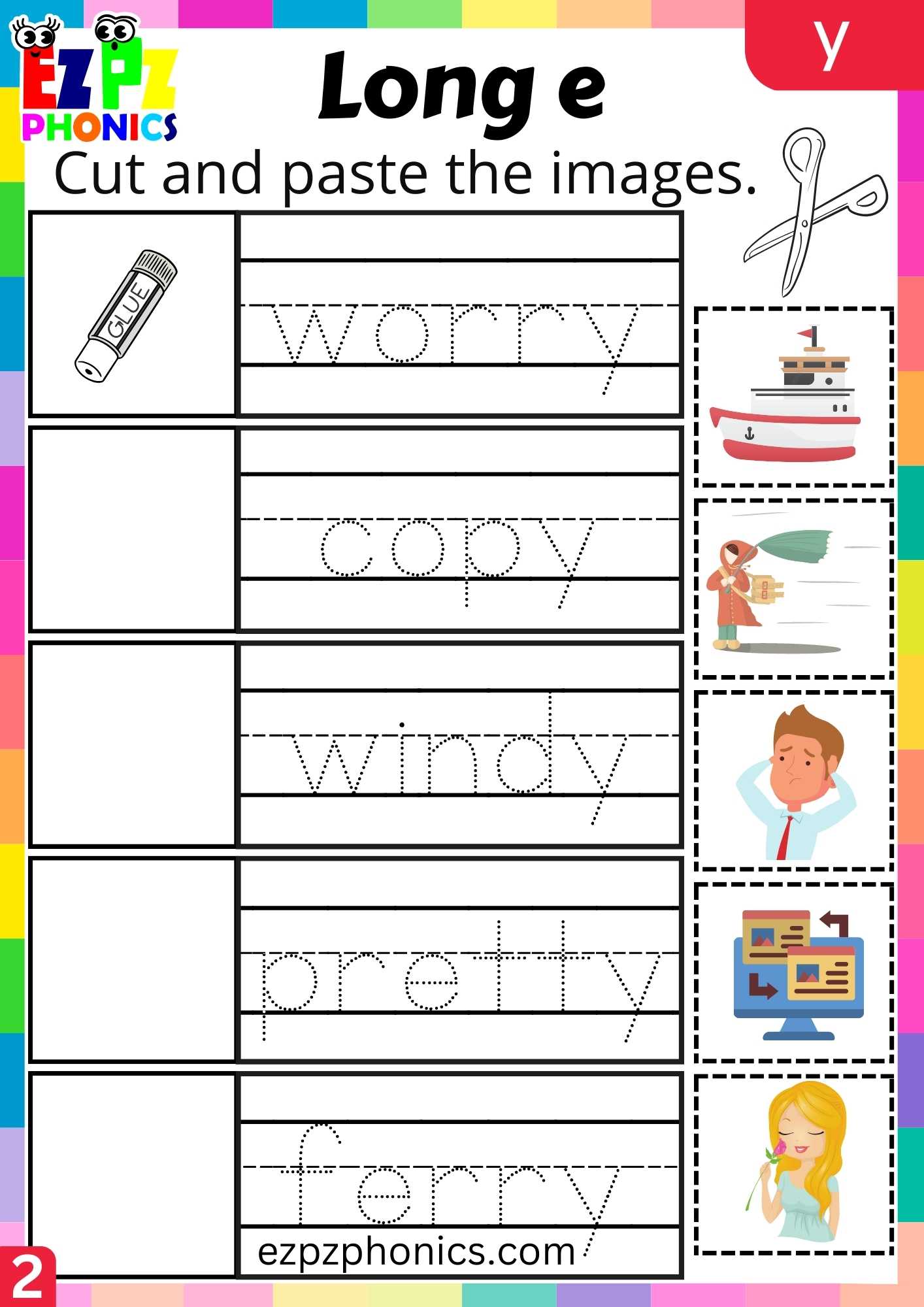 Group2 Y Words Cut And Paste The Images Long E Phonics Worksheet